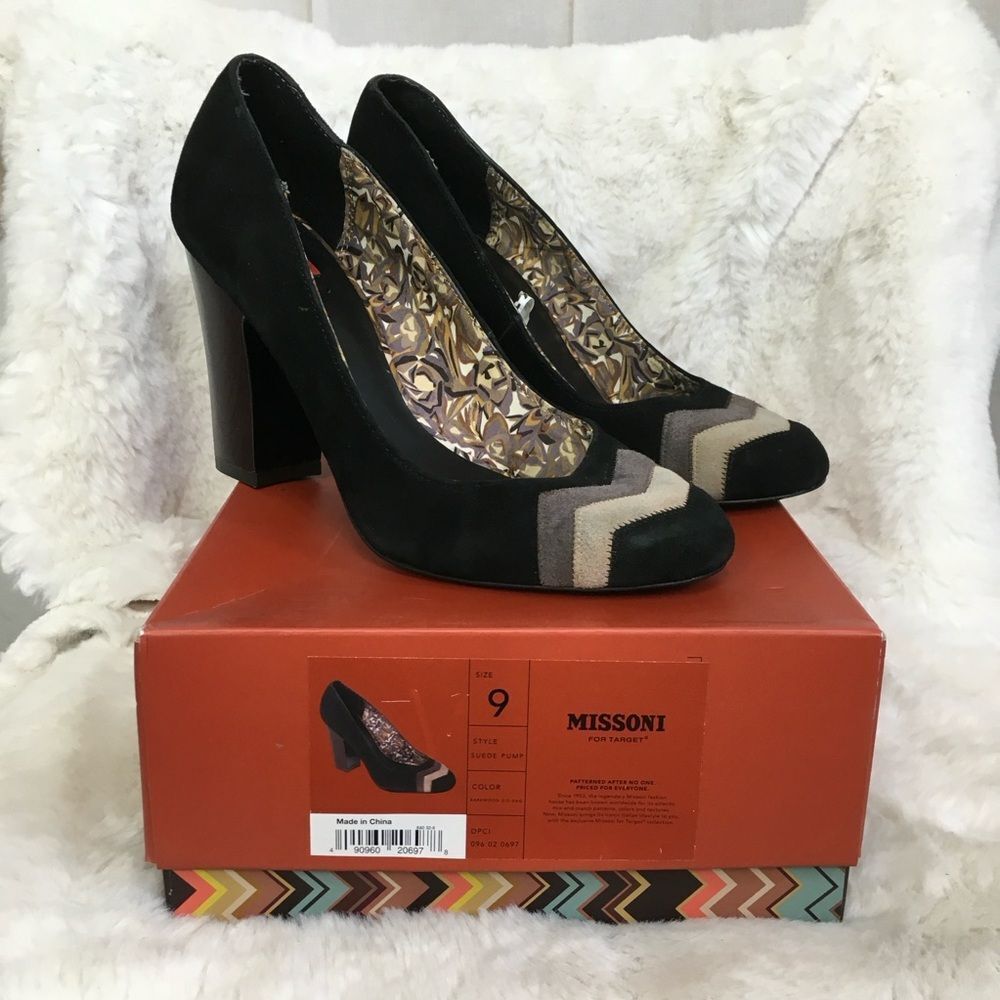 Missoni For Target Black Beige Barkwood Zig Zag Chevron Suede Pump Heels Size 9
